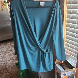 Jaclyn Smith Teal Long Sleeve Faux-Wrap Blouse with Side Ring